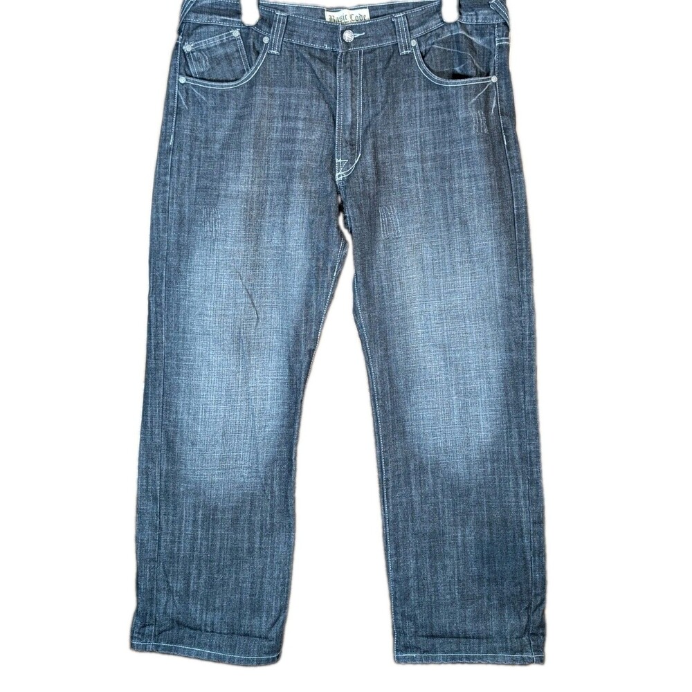 Basic Code Mens W40 L32 Black Distressed Denim Jeans Embroidered Wings Y2K